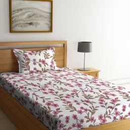 Klotthe Floral White & Pink 300 TC Cotton Blend King Bed Sheet with 2 Pillow Covers image 1