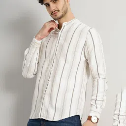 celio celio* Brown & White Regular Fit Striped Cotton Linen Shirt image 3