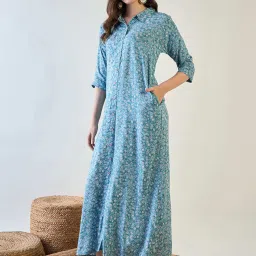 The Kaftan Company Blue Viscose Regular Fit Floral SleepwearRobes image 3