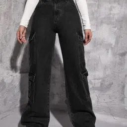 Broadstar Black Denim Relaxed Fit High Rise Cargo Jeans image 1