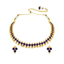 Peora Gold-Plated Blue Choker Necklace with Stud Earrings Ethnic Jewellery Set image 3