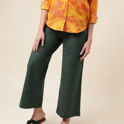 Fabindia Dark Green Regular Fit Mid Rise Trousers image 1
