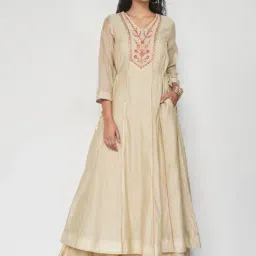 Global Desi Beige Embroidered Anarkali Kurta-image-2