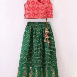 TWISHA Kids Red & Green Self Design Top with Ghagra image 1