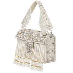 NR by Nidhi Rathi Cream Fabric Embellished Clutch image 5