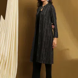 Biba Black Polyester Self Design Full Sleeves Kurta Pants & Jacket Set image 3