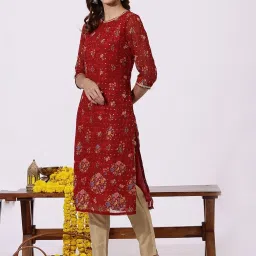 W Red Polyester Floral Kurta image 3