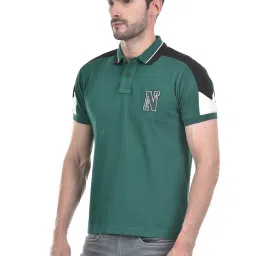 Numero Uno Green Cotton Regular Fit Colour Block Polo T-Shirt image 3