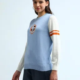 U.S. Polo Assn. Womens Blue Pure Cotton Regular Fit Colour Blocked Sweater image 3