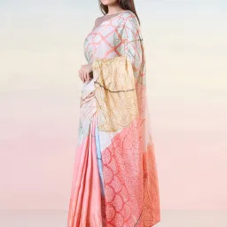 navyasa by liva Pink & Beige Printed Saree With Unstitched Blouse image 3
