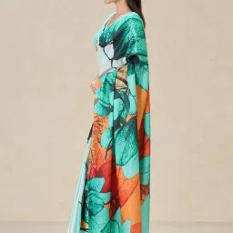 navyasa by liva Blue Printed Saree With Unstitched Blouse image 3