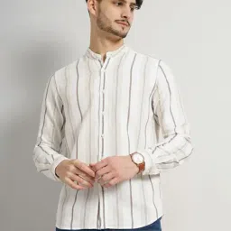 celio celio* Brown & White Regular Fit Striped Cotton Linen Shirt-picture-36