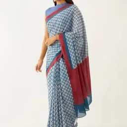 Taneira Blue Cotton Printed Saree With Unstitched Blouse image 3