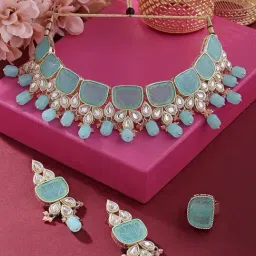 Zaveri Pearls Mint Green Peach Green Beads Kundan Choker Necklace Earring & Ring Set-ZPFK16121-image-73