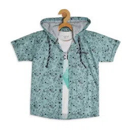 Cavio Kids Teal Blue & White Cotton Printed Shirt with T-Shirt-image-2