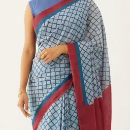 Taneira Blue Cotton Printed Saree With Unstitched Blouse image 4