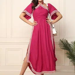 DEEBACO Tie Up Neck Flared Shoulder Side Slit Lace Details Empire Midi Dress-picture-40