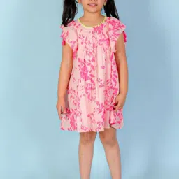 Lil Drama Kids Peach & Pink Floral Print Dress-image-77