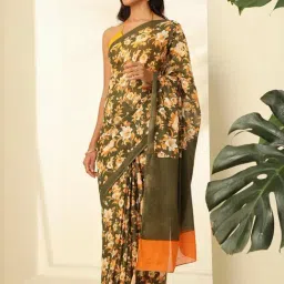 Taneira Green Cotton Floral Print Saree With Unstitched Blouse image 3