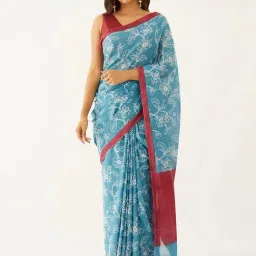 Taneira Blue Cotton Printed Saree With Unstitched Blouse-image-75