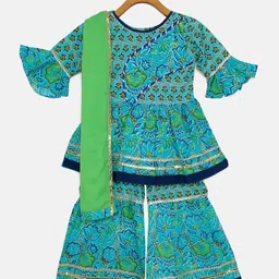 LIL PITAARA Girls Blue Floral Printed Pure Cotton Kurti with Sharara & With Dupatta-picture-40