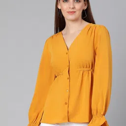 Oxolloxo Mustard Yellow Solid Puff Sleeves Satin Shirt Style Top-picture-22