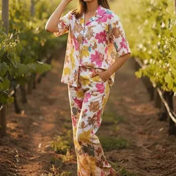 Kethi Fashion Floral Printed Lapel Collar Shirt & Trousers Co-Ord Set image 3