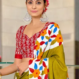 Moda Rapido Green Colourblocked Pure Cotton Block Print Sarees image 3