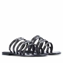 Saint G Women Metal Studded Multi-Strap Leather Black Flats-image-60