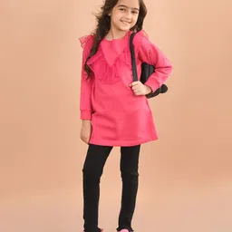 lilpicks couture Lilpicks Coutue Full Sleeves Solid Ruffle Detailed Long Cardigan Sweater With Leggings Set - Pink & Black-picture-28