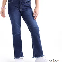 arias by lara dutta Arias Cotton Stretch Flared Full Length Side Slit Washed Jeans with Heart Shaped Back Pocket- Dark Blue-picture-16