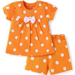 Babyhug Single Jersey Half Sleeves Polka Dots Printed Night Suit with Bow Applique - Orange-picture-22