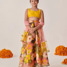 Pspeaches Silk Blend Sleeveless Mirror Work Embroidered  & Floral Printed Lehenga Choli With Dupatta - Yellow-picture-15