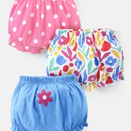 Babyhug 100% Cotton Knit Bloomers With Floral & Polka Dot Print Pack of 3 - Blue White & Pink-picture-14
