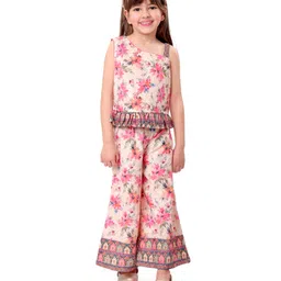 Babyhug Woven Schiffly Sleeveless Floral Printed Crop Top & Palazzo Set with Frill Detailing - Pink-picture-23