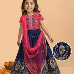 Babyhug Woven Half Sleeves Sequinned & Floral Embroidered Choli With Lehenga & Dupatta - Dark Pink & Navy Blue-picture-20