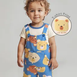 Babyoye 100% Cotton Knit With Eco Jiva Finish Dungaree & Half Sleeves T-Shirt With Animal Print - Light Blue & White-picture-14