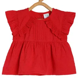 MINI KLUB Cotton Frill Sleeves Schiffli & Swiss Dot Embroidered Top - Red-picture-28