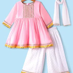 Babyhug Woven Three Fourth Sleeves Chanderi Embroidered Kurti Palazzo Set With Dupatta - Pink-picture-16