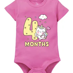 Zeezeezoo 100% Cotton Monthly Birthday Theme Half Sleeves 4 Months Text & Baby Unicorn Printed Onesie - Pink-picture-16