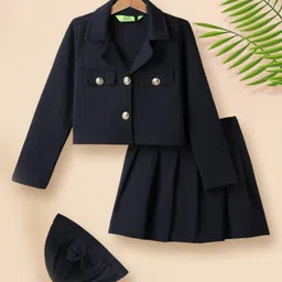 Tiara Interlock Knit Full Sleeves Solid Jacket & Pleated Skirt With Cap Set - Navy Blue-picture-12