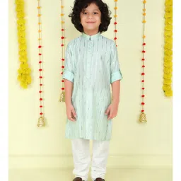 Ministitch Cotton Woven Full Sleeves Foil Striped Kurta Pyjama Set - Sea Green-picture-28