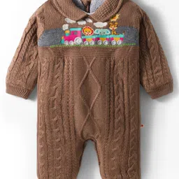 Yellow Apple Knit Full Sleeves Romper with Train & Animal Design - Brown-picture-20