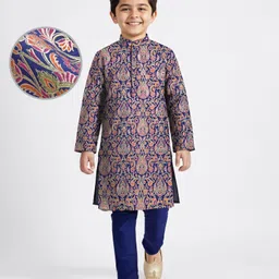 EARTHY TOUCH Single Jersey Knit Full Sleeves Kurta Pajama Set With Floral Foil Print - Navy Blue-picture-28
