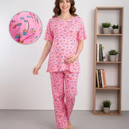 Bella Mama Cotton Knit Half Sleeves Nursing Night Suit Tropical Print - Pink-image-71
