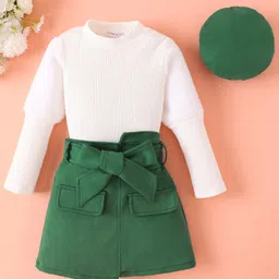Mark & Mia Full Sleeves Solid Color Top & Skirt Set With Cap & Belt - Dark Green & White-picture-30