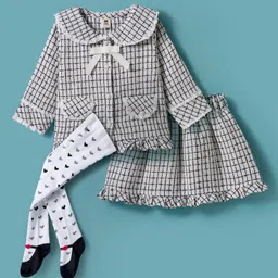 ToffyHouse Cotton Woven Full Sleeves Checkered Peter Pan Collared Party Top & Skirt with Bow Applique & Stockings - Blue & White-picture-22