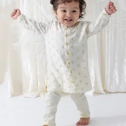 Tiber Taber Cotton Woven Full Sleeves Floral Foil Printed Kurta Pyjama Set - Cream image 1