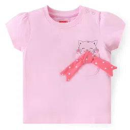 Babyhug Cotton Knit Single Jersey Half Sleeves Night Suit With Kitty Print & Bow Applique - Pink image 2