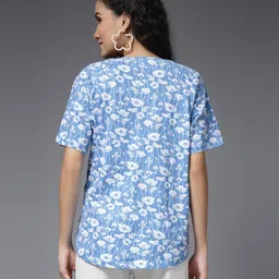 Zelena 100% Cotton Half Sleeves Floral Printed Top With Concealed Zipper For Nursing Access - Blue image 3